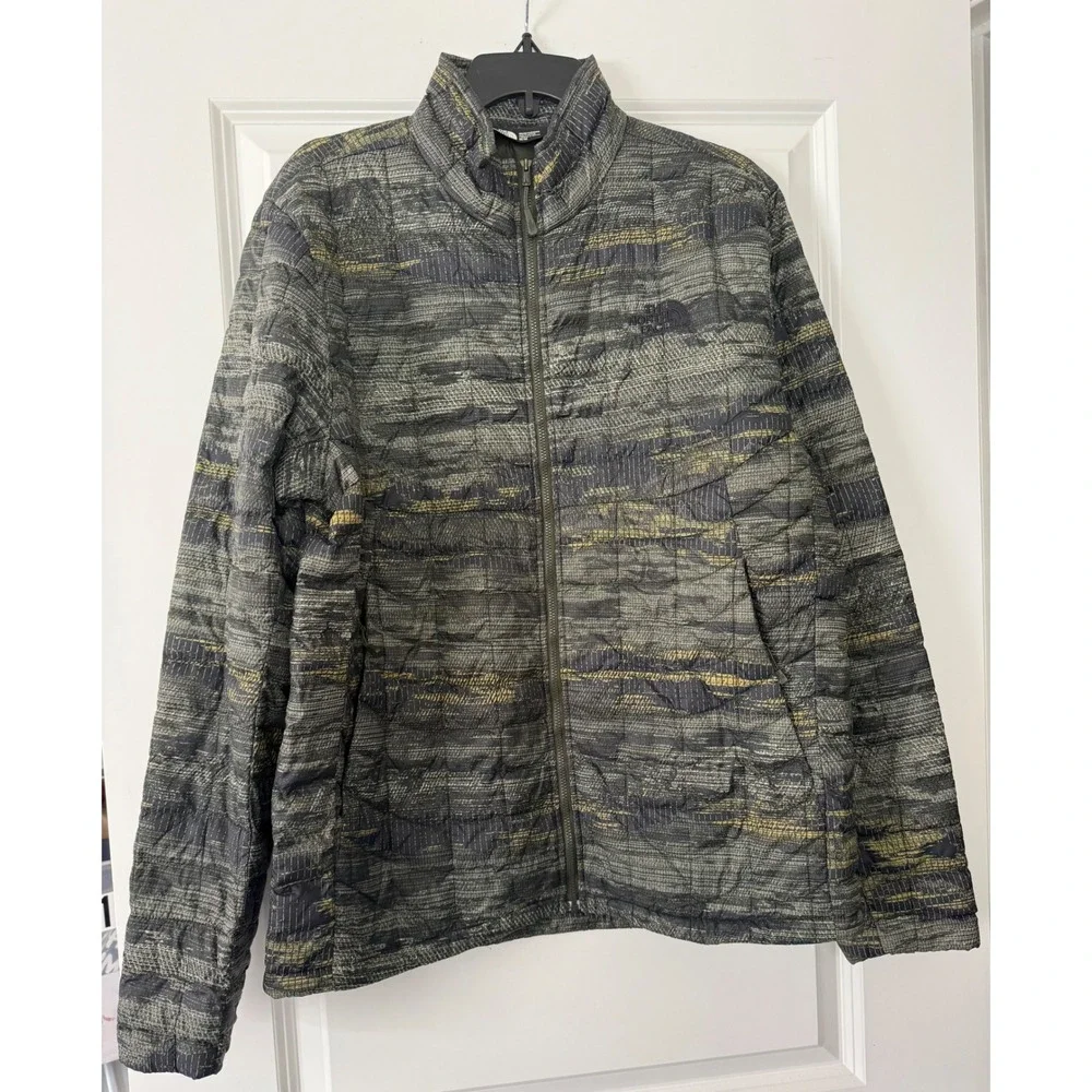 The North Face Mens Thermoball Eco Puffer Jacket Grey Yellow Glitch Print Size M